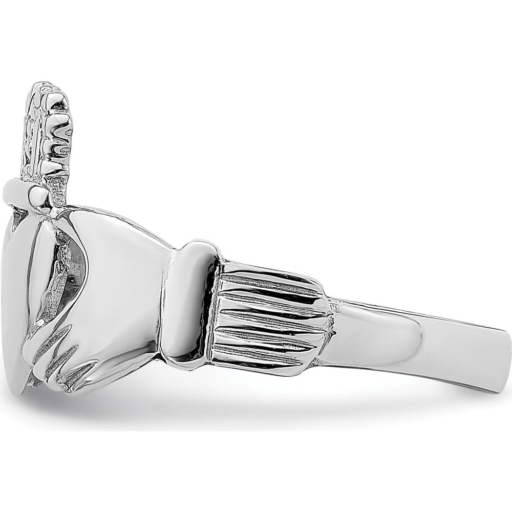 14K White Gold Polished Claddagh Ring with Rhodium Plating - 30.2mm Top Length, 12.8mm Top Width by 0