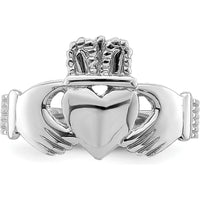 14K White Gold Polished Claddagh Ring with Rhodium Plating - 30.2mm Top Length, 12.8mm Top Width by 0