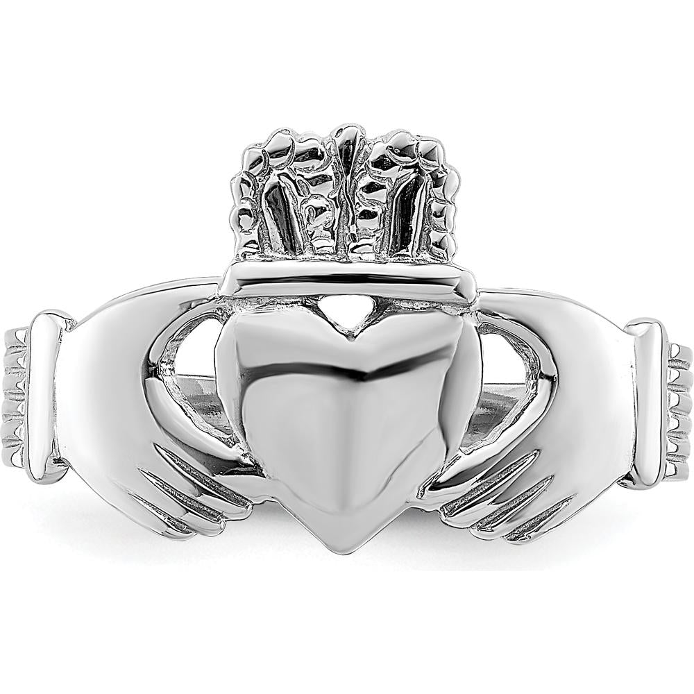 14K White Gold Polished Claddagh Ring with Rhodium Plating - 30.2mm Top Length, 12.8mm Top Width by 0