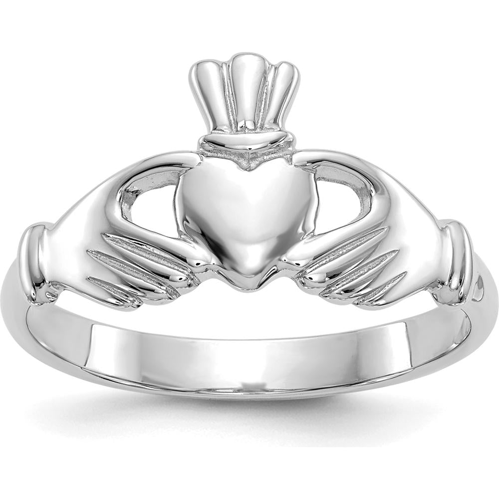 14K White Gold Polished Claddagh Ring with Rhodium Plating by 0