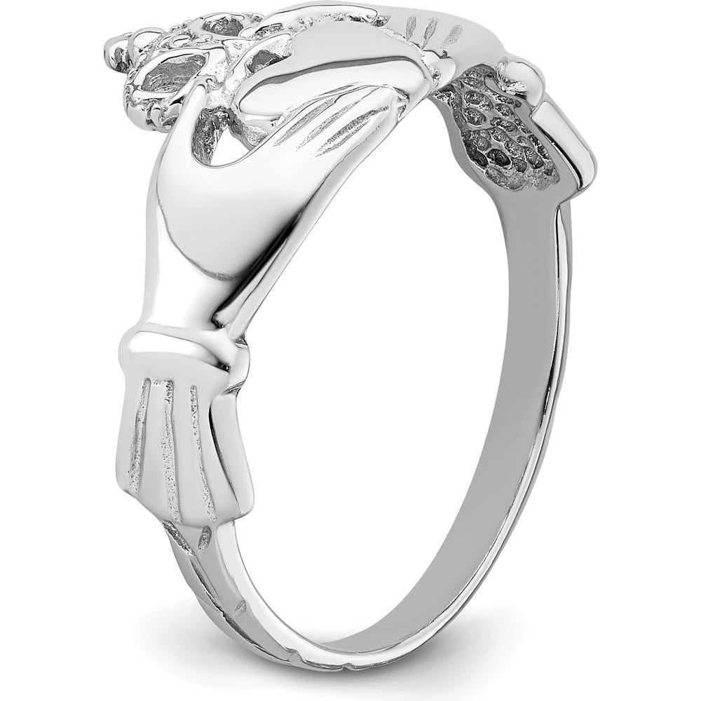 14K White Gold Polished Claddagh Ring with Rhodium Plating - Symbol of Love and Loyalty by Oro Pregiato