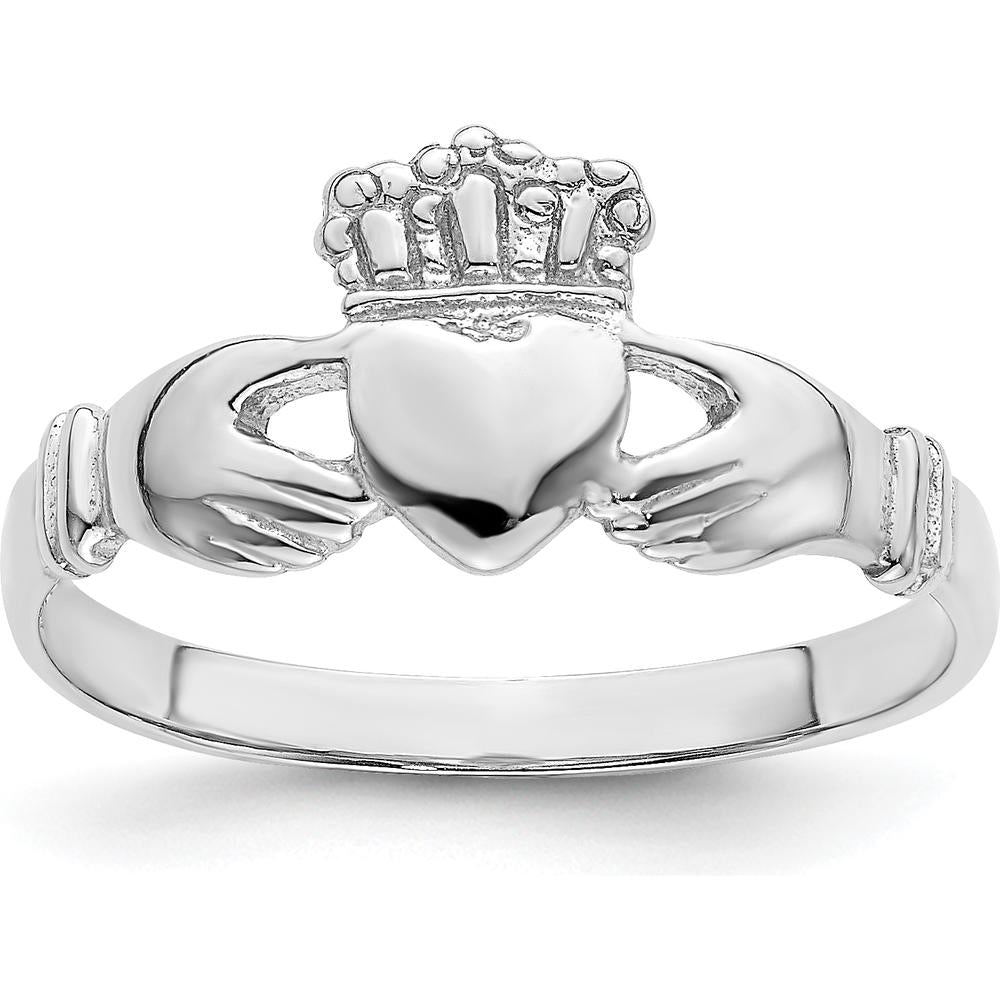 14K White Gold Polished Claddagh Ring with Rhodium Plating - Themed Design by 0