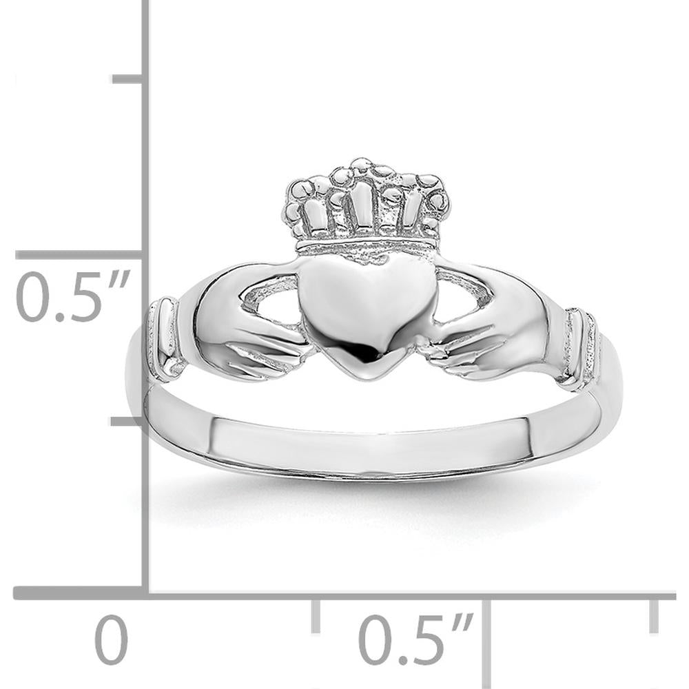 14K White Gold Polished Claddagh Ring with Rhodium Plating - Themed Design by 0
