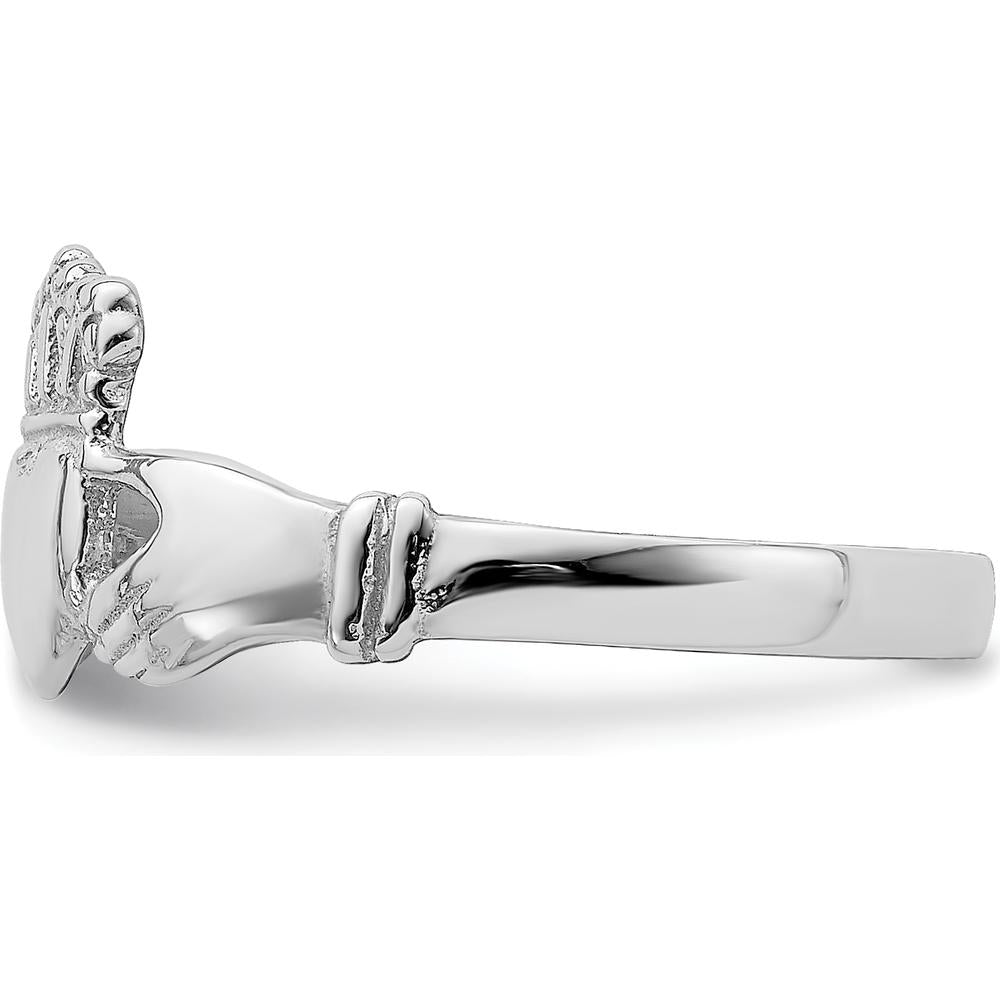 14K White Gold Polished Claddagh Ring with Rhodium Plating - Themed Design by 0
