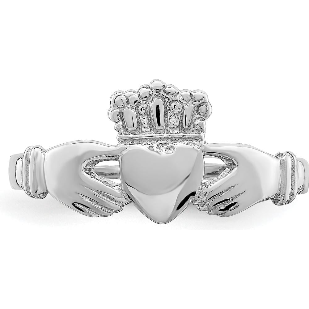14K White Gold Polished Claddagh Ring with Rhodium Plating - Themed Design by 0