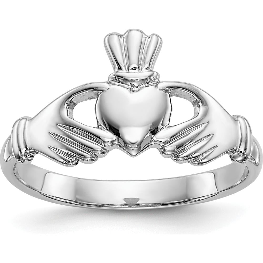 14K White Gold Polished Claddagh Ring with Rhodium Plating - Timeless Symbol of Love and Loyalty by Oro Pregiato