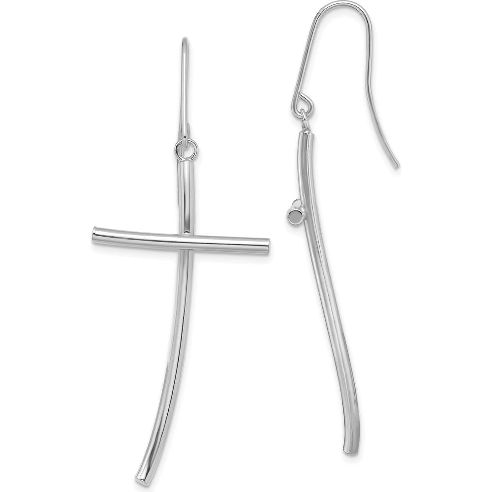 14K White Gold Polished Cross Dangle Earrings with French Wire Hooks - 43.3 mm Length by 0