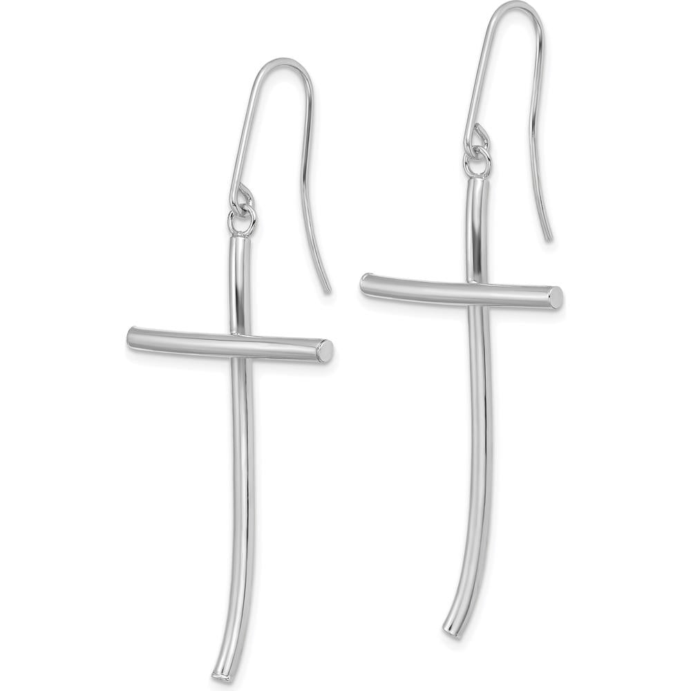 14K White Gold Polished Cross Dangle Earrings with French Wire Hooks - 43.3 mm Length by 0