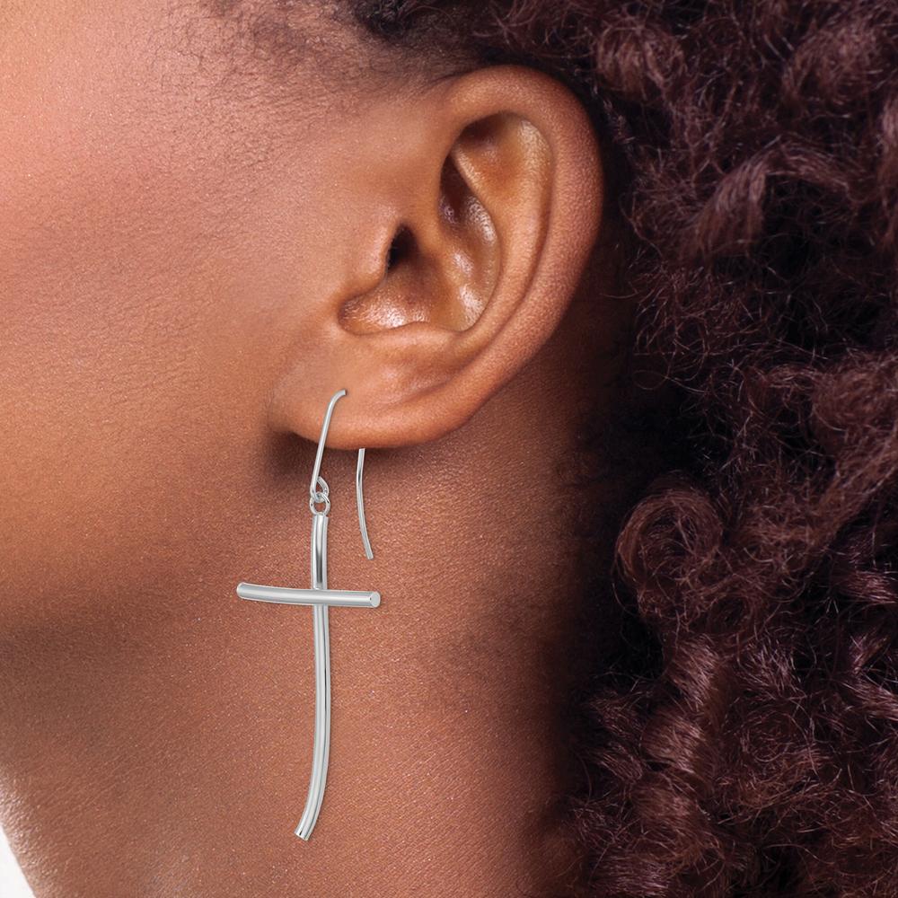 14K White Gold Polished Cross Dangle Earrings with French Wire Hooks - 43.3 mm Length by 0
