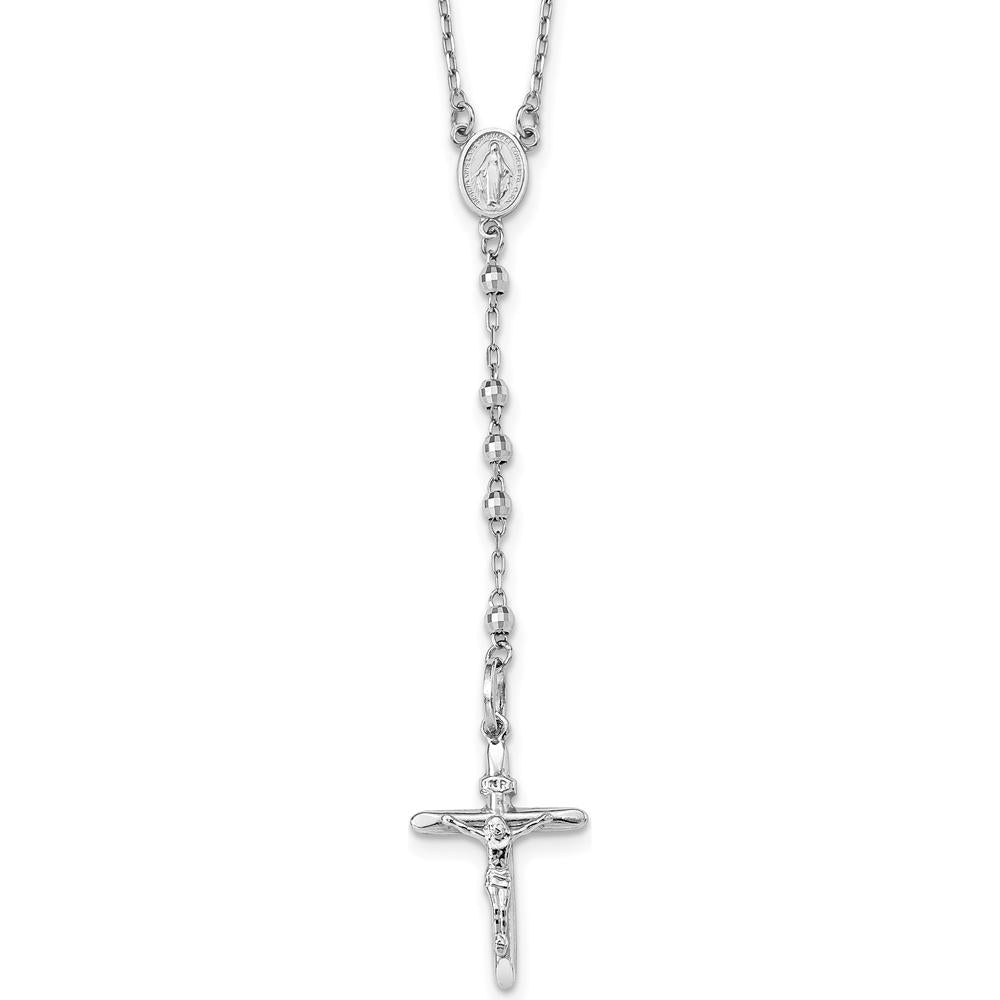 14K White Gold Polished Crucifix and Miraculous Medal Rosary Necklace with 3mm Mirror Beads - 24" Length by 0