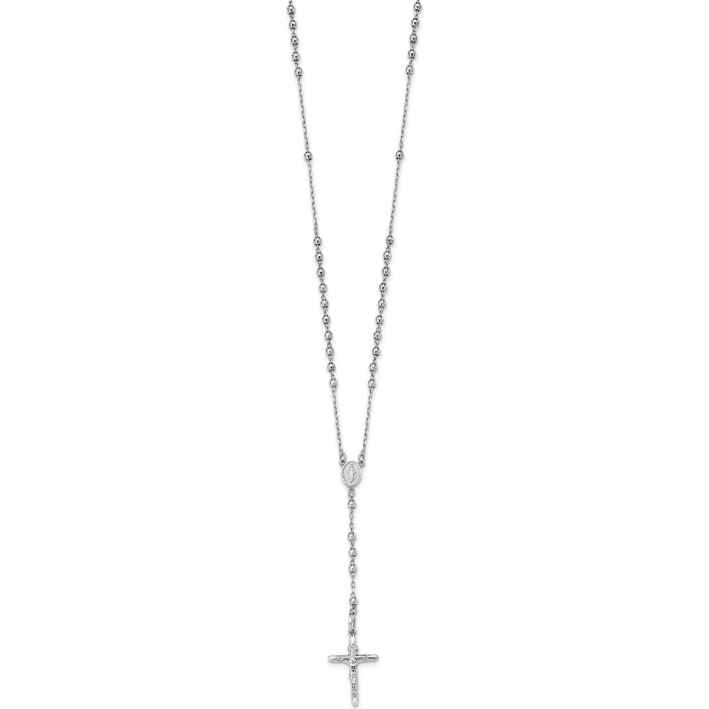 14K White Gold Polished Crucifix and Miraculous Medal Rosary Necklace with 3mm Mirror Beads - 24" Length by 0