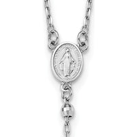 14K White Gold Polished Crucifix and Miraculous Medal Rosary Necklace with 3mm Mirror Beads - 24" Length by 0