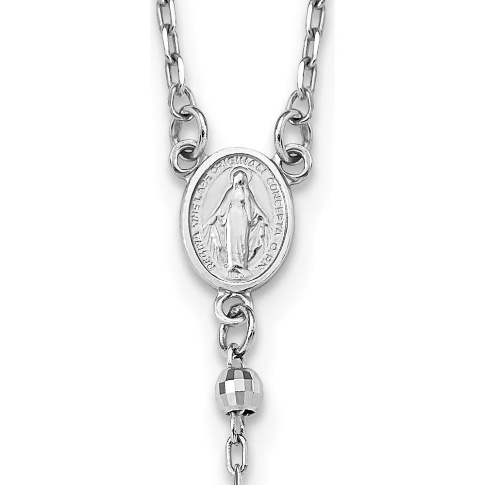 14K White Gold Polished Crucifix and Miraculous Medal Rosary Necklace with 3mm Mirror Beads - 24" Length by 0