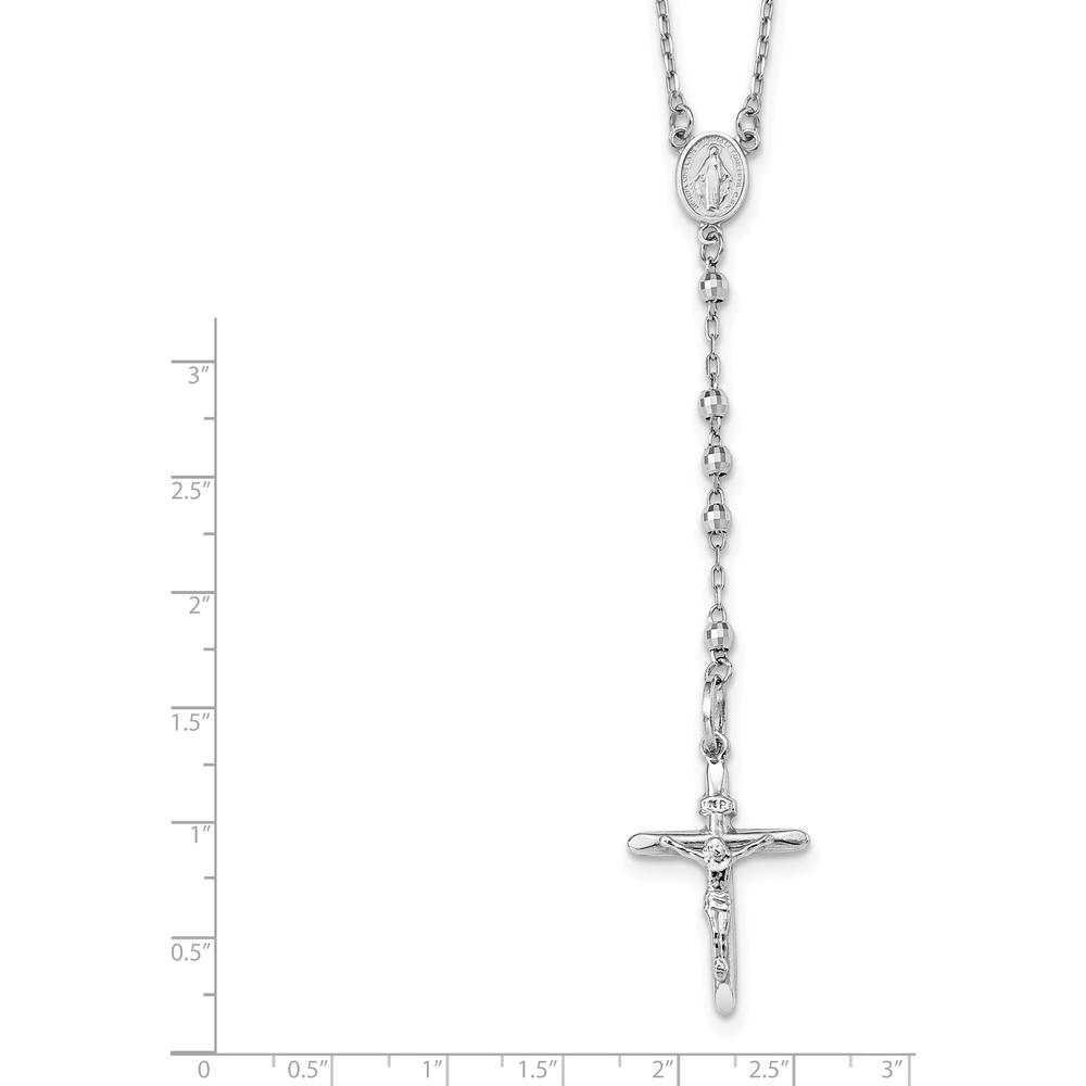 14K White Gold Polished Crucifix and Miraculous Medal Rosary Necklace with 3mm Mirror Beads - 24" Length by 0