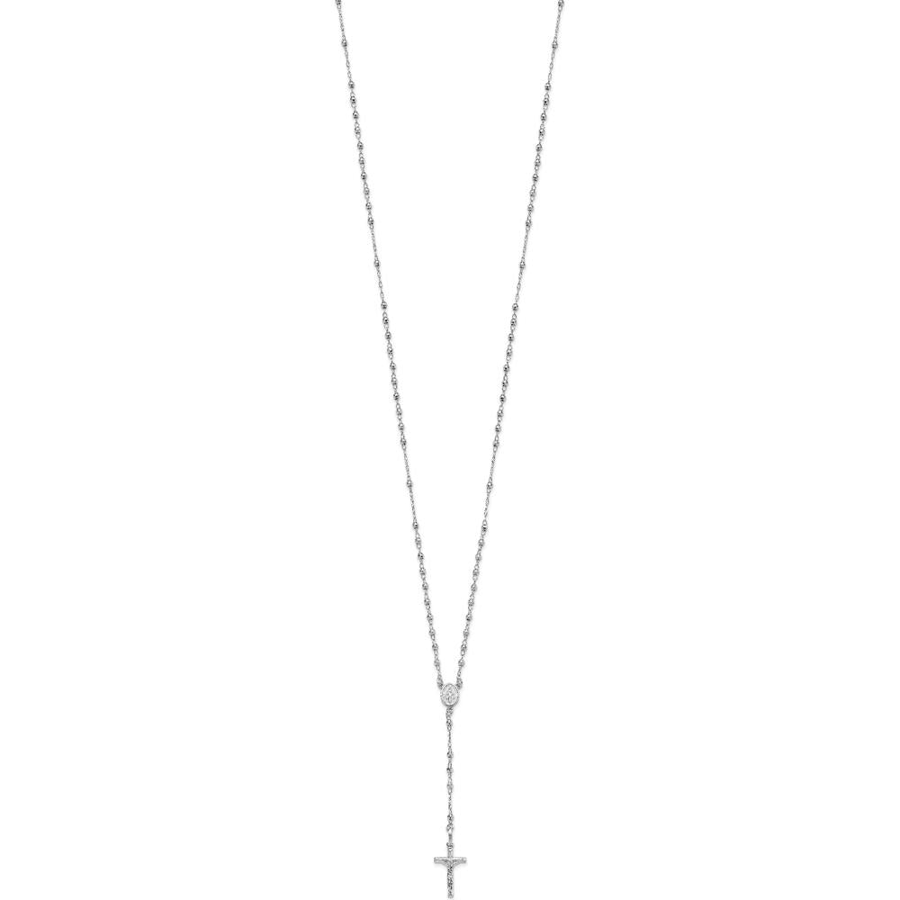 14K White Gold Polished Crucifix and Miraculous Medal with Faceted Beads 18" Rosary Necklace by 0