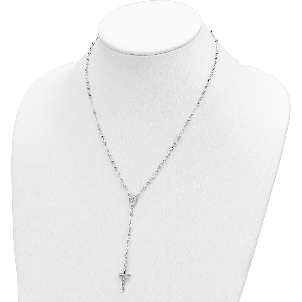 14K White Gold Polished Crucifix and Miraculous Medal with Faceted Beads 18" Rosary Necklace by 0
