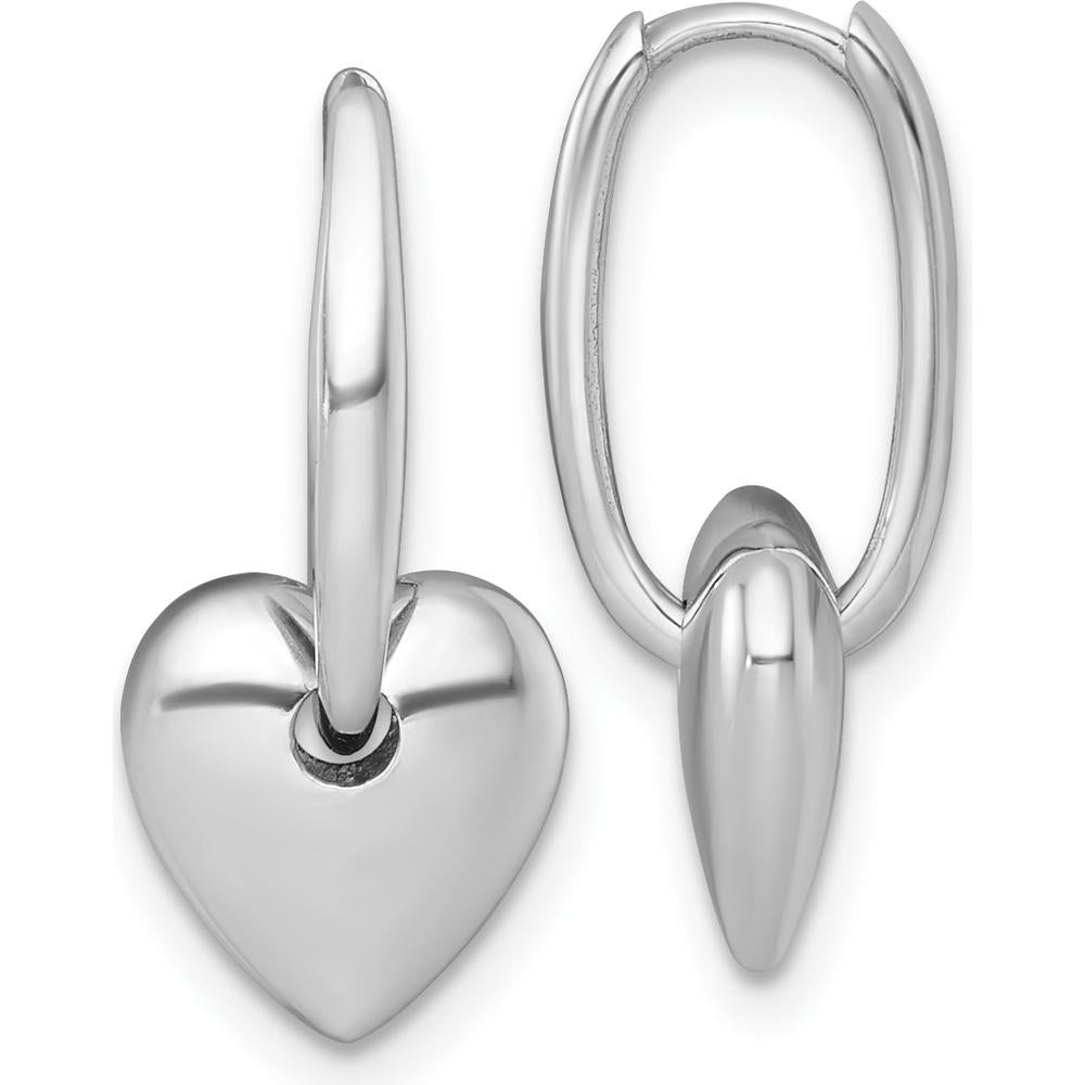 14K White Gold Polished Dangle Puffed Heart Hinged Hoop Earrings - Elegant Drop Design by 0