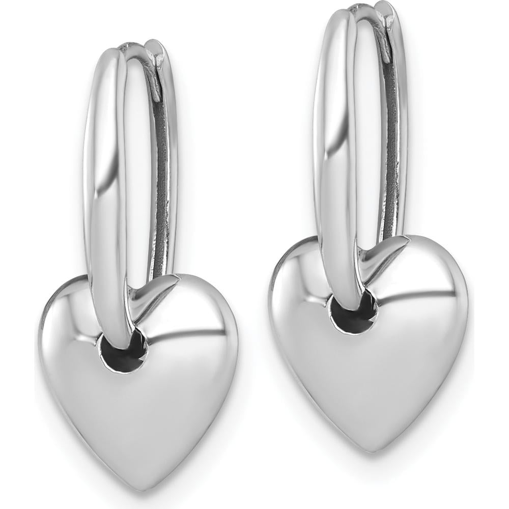 14K White Gold Polished Dangle Puffed Heart Hinged Hoop Earrings - Elegant Drop Design by 0