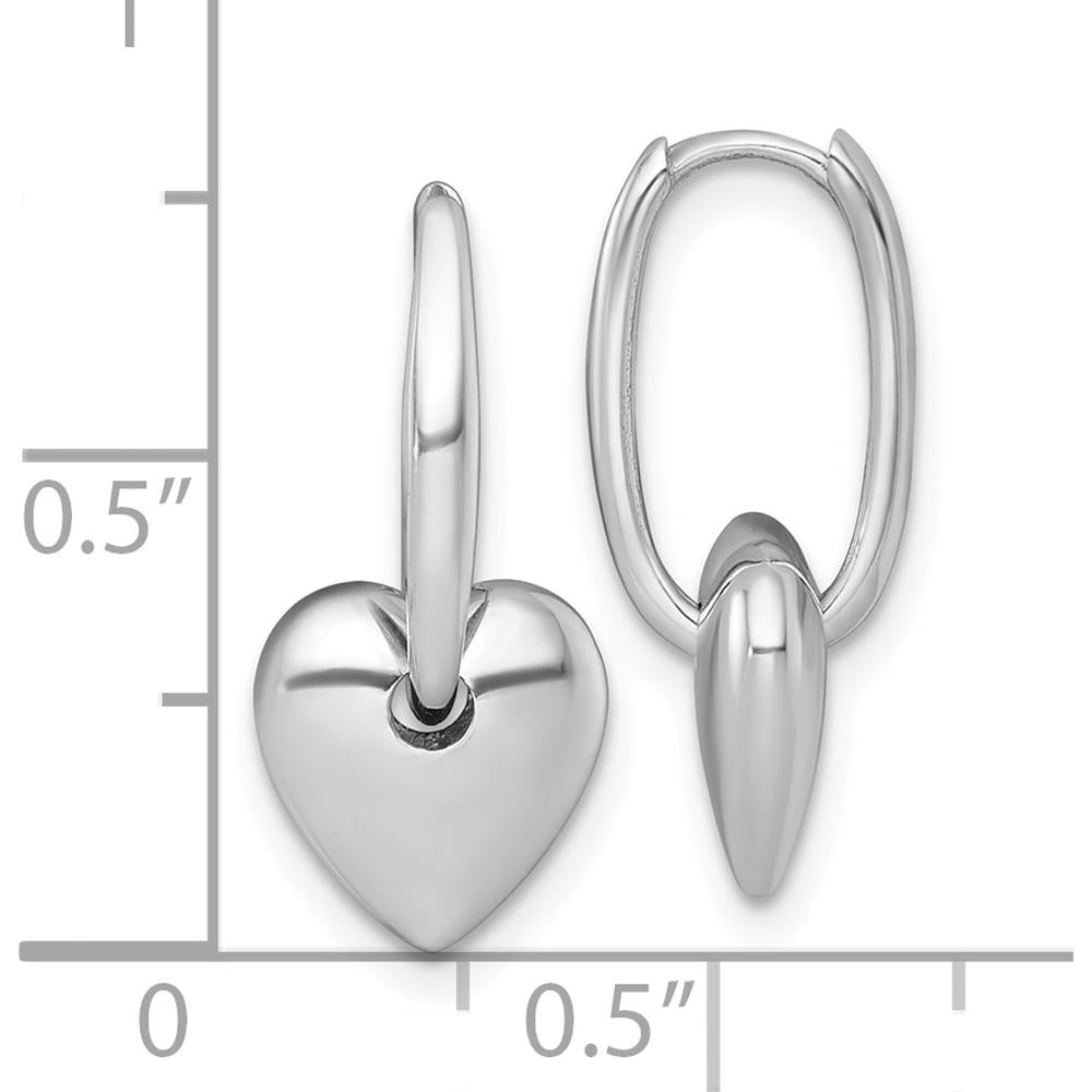 14K White Gold Polished Dangle Puffed Heart Hinged Hoop Earrings - Elegant Drop Design by 0
