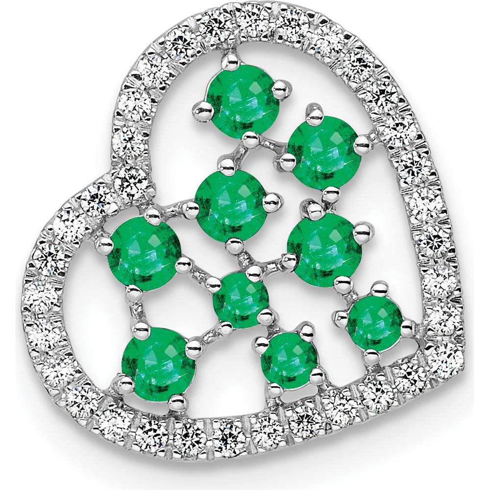 14K White Gold Polished Diamond and Emerald Heart Pendant with 9 Round Emeralds and 18 Round Diamonds - 0.87 Carat Total Gem Weight by Oro Pregiato