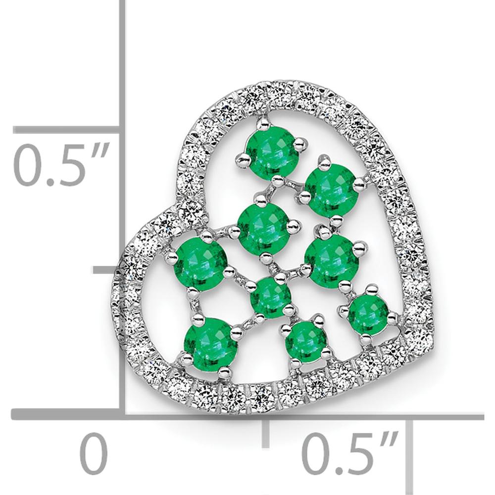 14K White Gold Polished Diamond and Emerald Heart Pendant with 9 Round Emeralds and 18 Round Diamonds - 0.87 Carat Total Gem Weight by Oro Pregiato