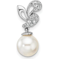 14K White Gold Polished Diamond and Freshwater Cultured Pearl Chain Slide Pendant with 1/10 Carat Diamonds by Monteluci Fine Jewelry