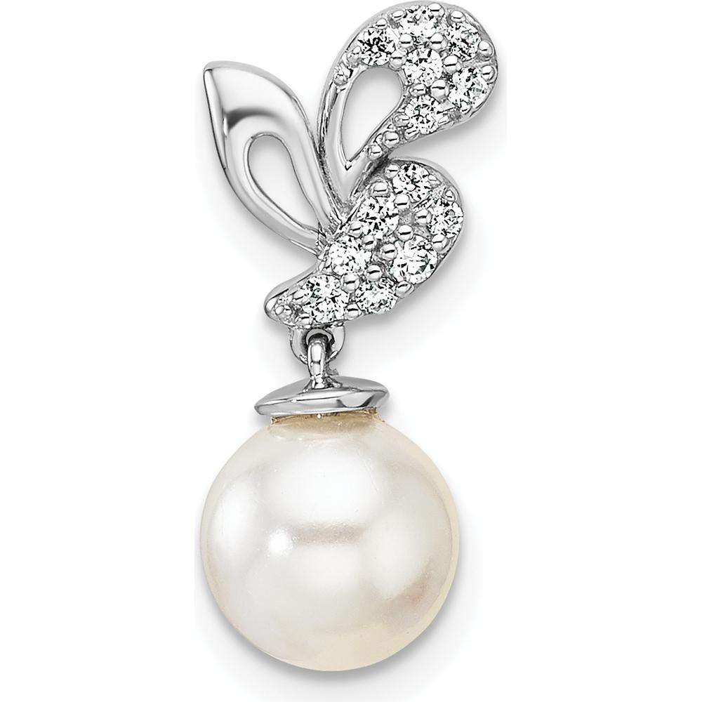 14K White Gold Polished Diamond and Freshwater Cultured Pearl Chain Slide Pendant with 1/10 Carat Diamonds by Monteluci Fine Jewelry