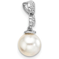 14K White Gold Polished Diamond and Freshwater Cultured Pearl Chain Slide Pendant with 1/10 Carat Diamonds by Monteluci Fine Jewelry