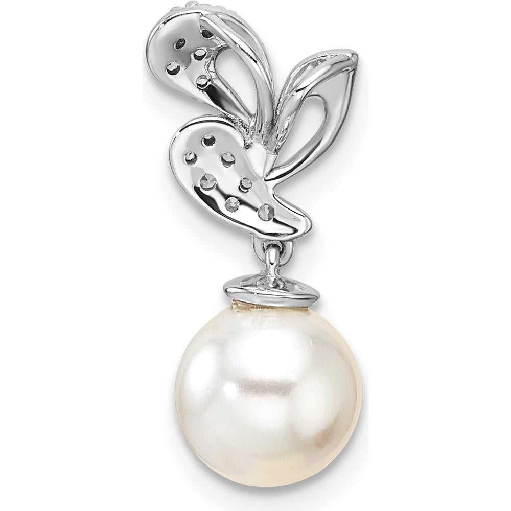 14K White Gold Polished Diamond and Freshwater Cultured Pearl Chain Slide Pendant with 1/10 Carat Diamonds by Monteluci Fine Jewelry
