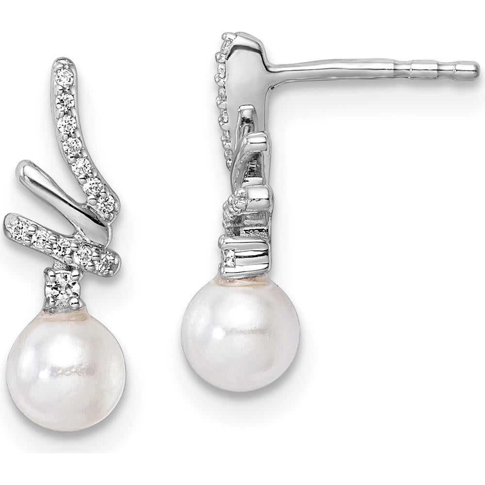14K White Gold Polished Diamond and Freshwater Cultured Pearl Drop Earrings - 1/10 Carats Total Diamond Weight by Monteluci Fine Jewelry