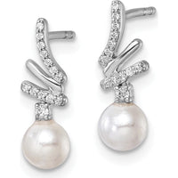 14K White Gold Polished Diamond and Freshwater Cultured Pearl Drop Earrings - 1/10 Carats Total Diamond Weight by Monteluci Fine Jewelry