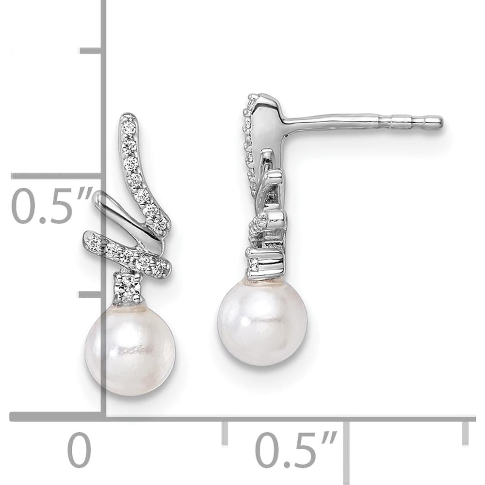 14K White Gold Polished Diamond and Freshwater Cultured Pearl Drop Earrings - 1/10 Carats Total Diamond Weight by Monteluci Fine Jewelry