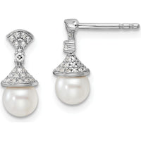 14K White Gold Polished Diamond and Freshwater Cultured Pearl Drop Earrings - 1/8 Carat Total Diamond Weight by Monteluci Fine Jewelry