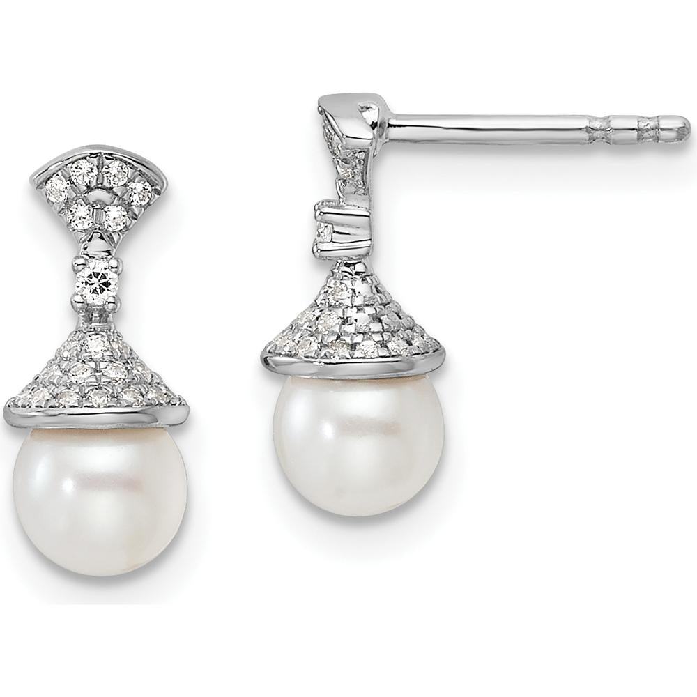 14K White Gold Polished Diamond and Freshwater Cultured Pearl Drop Earrings - 1/8 Carat Total Diamond Weight by Monteluci Fine Jewelry