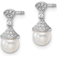 14K White Gold Polished Diamond and Freshwater Cultured Pearl Drop Earrings - 1/8 Carat Total Diamond Weight by Monteluci Fine Jewelry
