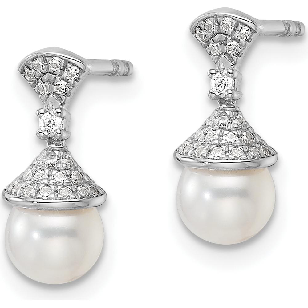 14K White Gold Polished Diamond and Freshwater Cultured Pearl Drop Earrings - 1/8 Carat Total Diamond Weight by Monteluci Fine Jewelry