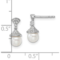 14K White Gold Polished Diamond and Freshwater Cultured Pearl Drop Earrings - 1/8 Carat Total Diamond Weight by Monteluci Fine Jewelry
