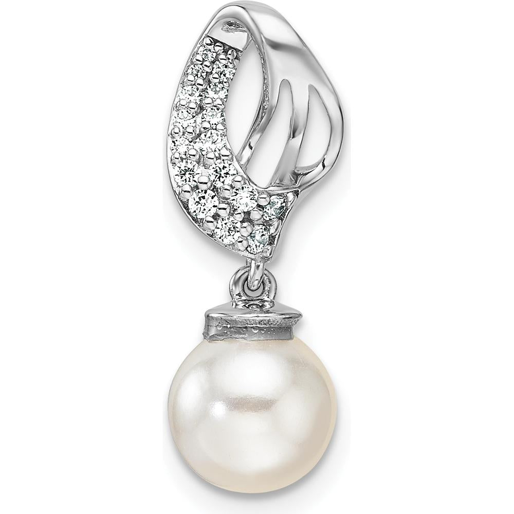 14K White Gold Polished Diamond and Freshwater Cultured Pearl Pendant - 1/10 Carat Diamond Weight by Monteluci Fine Jewelry