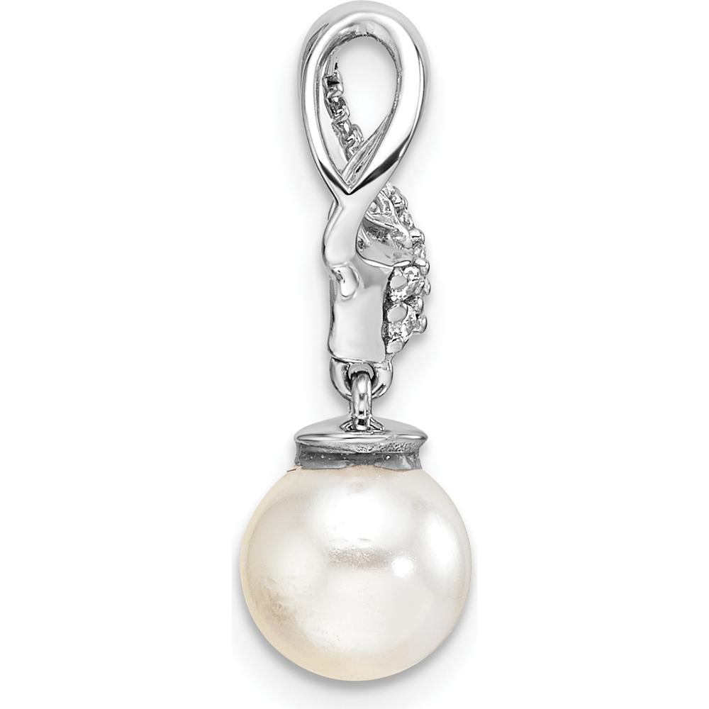 14K White Gold Polished Diamond and Freshwater Cultured Pearl Pendant - 1/10 Carat Diamond Weight by Monteluci Fine Jewelry