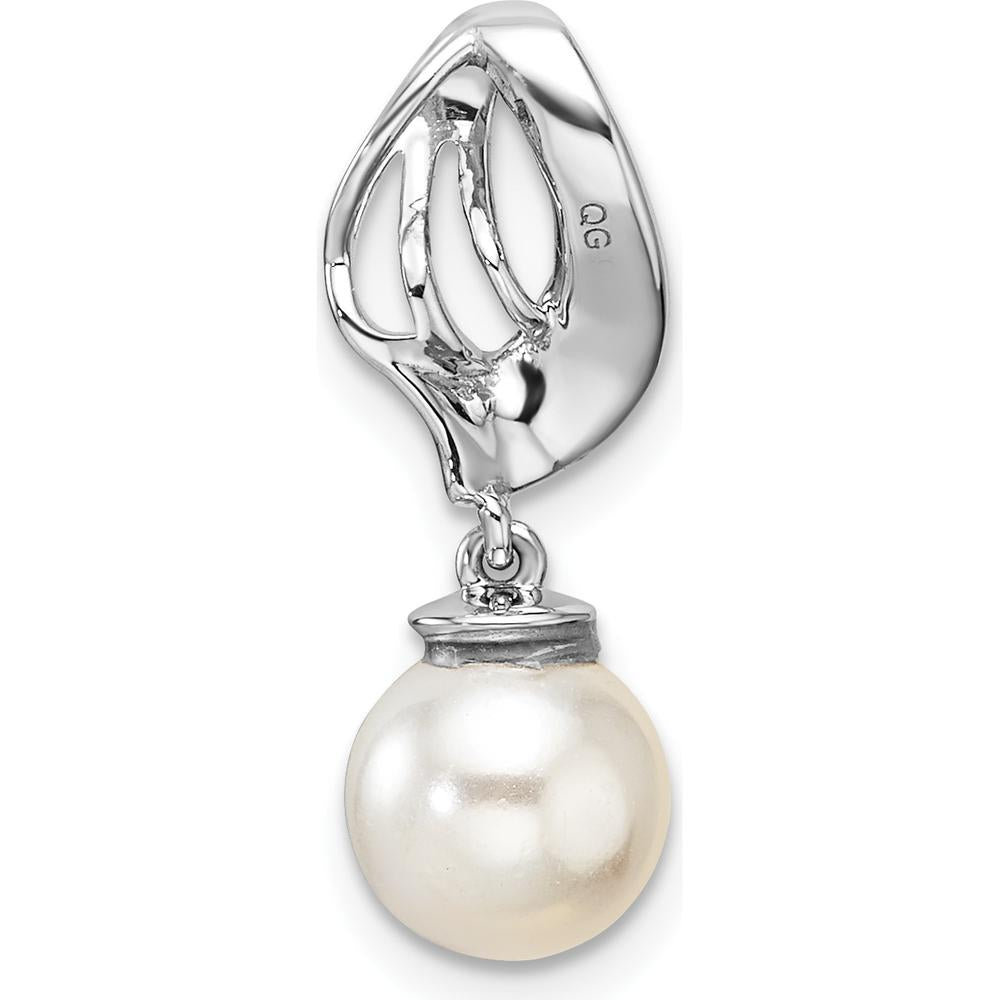 14K White Gold Polished Diamond and Freshwater Cultured Pearl Pendant - 1/10 Carat Diamond Weight by Monteluci Fine Jewelry
