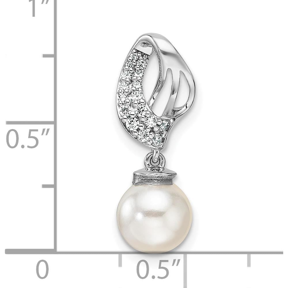 14K White Gold Polished Diamond and Freshwater Cultured Pearl Pendant - 1/10 Carat Diamond Weight by Monteluci Fine Jewelry