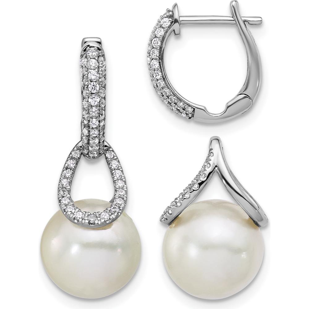 14K White Gold Polished Diamond and Freshwater Pearl Dangle Hoop Earrings - 0.50 Carat Total Diamond Weight by Monteluci Fine Jewelry