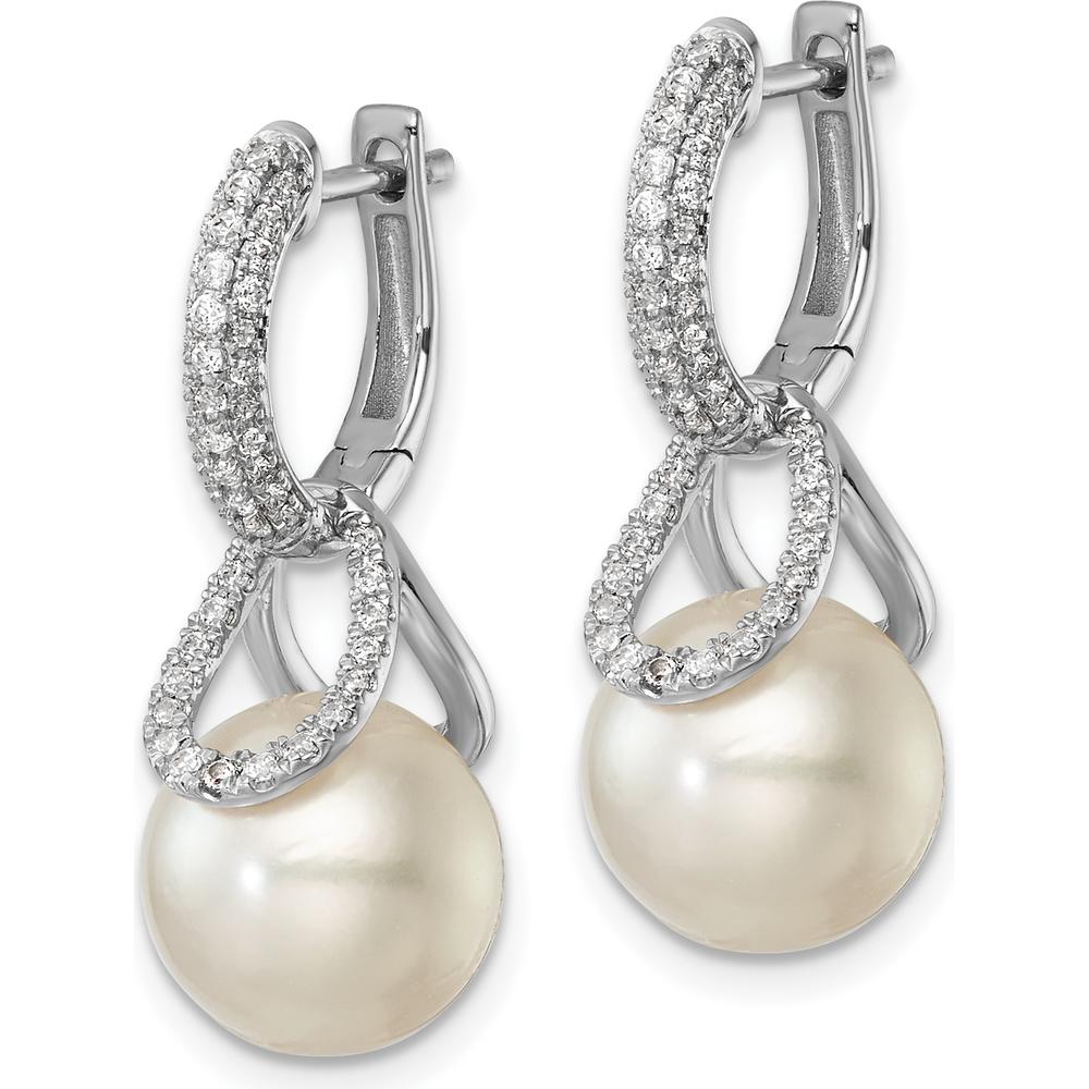 14K White Gold Polished Diamond and Freshwater Pearl Dangle Hoop Earrings - 0.50 Carat Total Diamond Weight by Monteluci Fine Jewelry