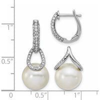 14K White Gold Polished Diamond and Freshwater Pearl Dangle Hoop Earrings - 0.50 Carat Total Diamond Weight by Monteluci Fine Jewelry