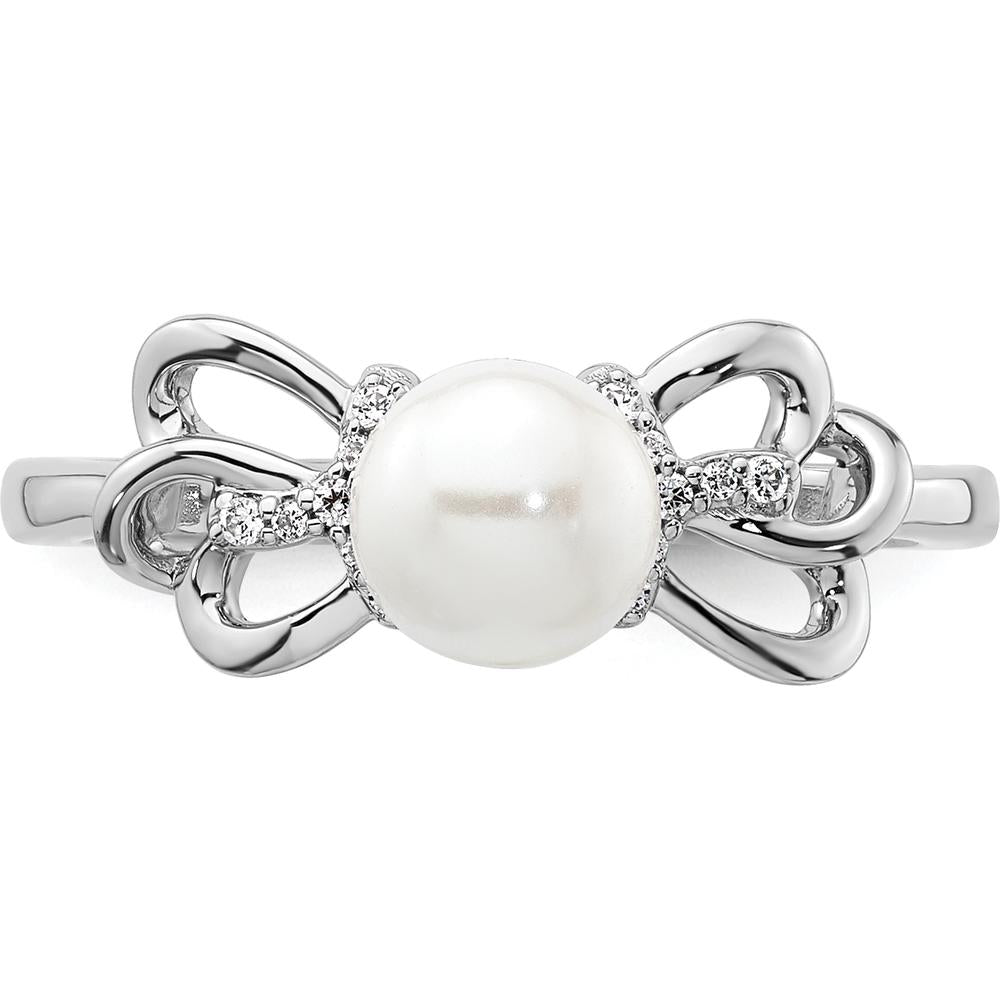 14K White Gold Polished Diamond and Freshwater Pearl Fashion Ring with Diamond Accent - 0.05 Carat Total Diamond Weight by 0