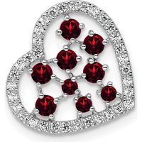 14K White Gold Polished Diamond and Garnet Heart Pendant with Prong Set Round Stones - 0.87 Carat Total Weight by Oro Pregiato