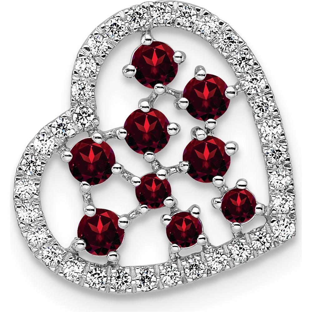 14K White Gold Polished Diamond and Garnet Heart Pendant with Prong Set Round Stones - 0.87 Carat Total Weight by Oro Pregiato
