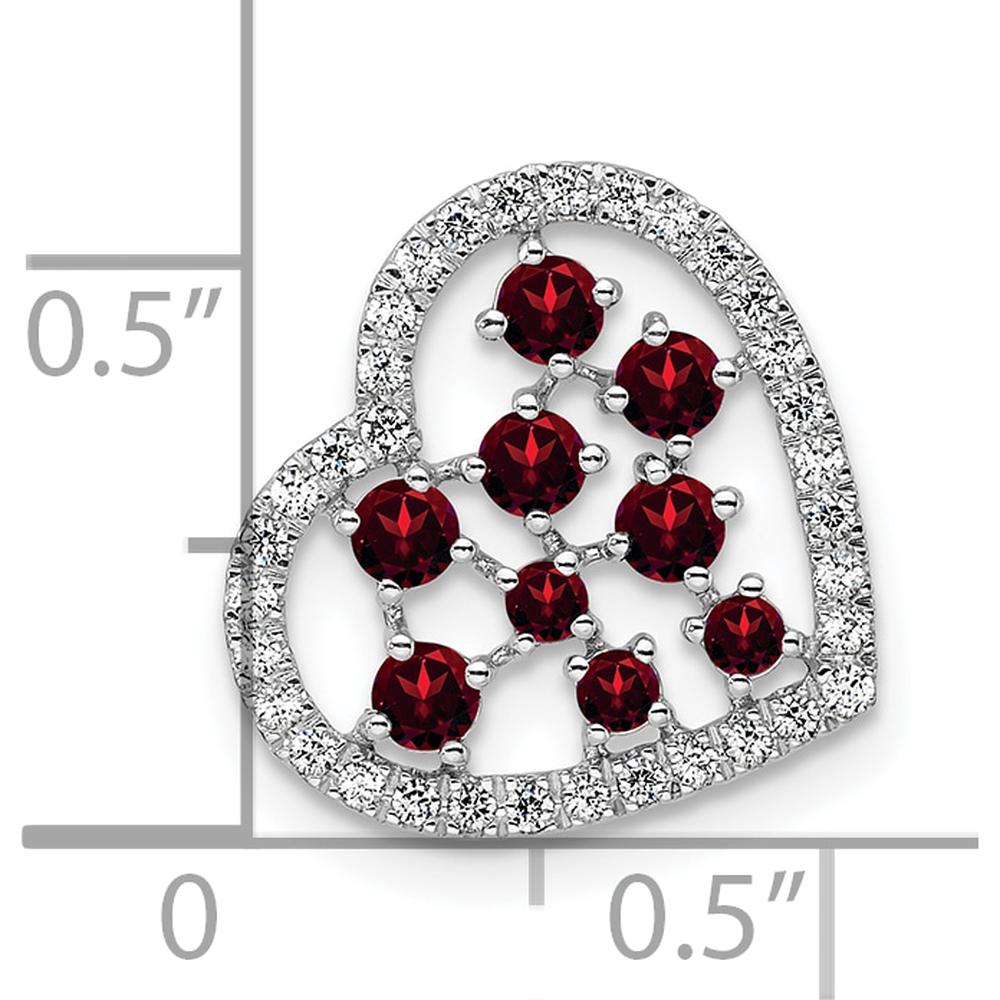 14K White Gold Polished Diamond and Garnet Heart Pendant with Prong Set Round Stones - 0.87 Carat Total Weight by Oro Pregiato