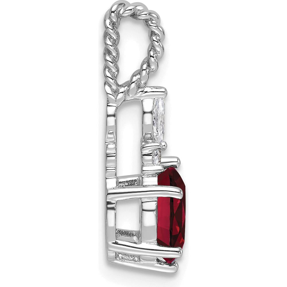 14K White Gold Polished Diamond and Lab Created Ruby Twisted Chain Slide with Marquise and Round Diamonds by Oro Pregiato