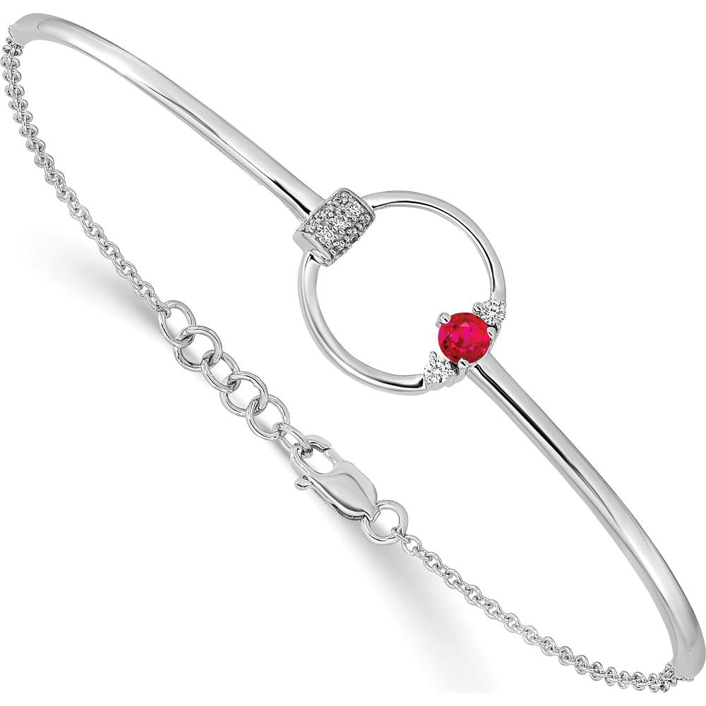 14K White Gold Polished Diamond and Ruby Circle Half-Bangle 7" Bracelet with 0.5" Extender - 1/10 Carat Total Diamond Weight by Monteluci Fine Jewelry